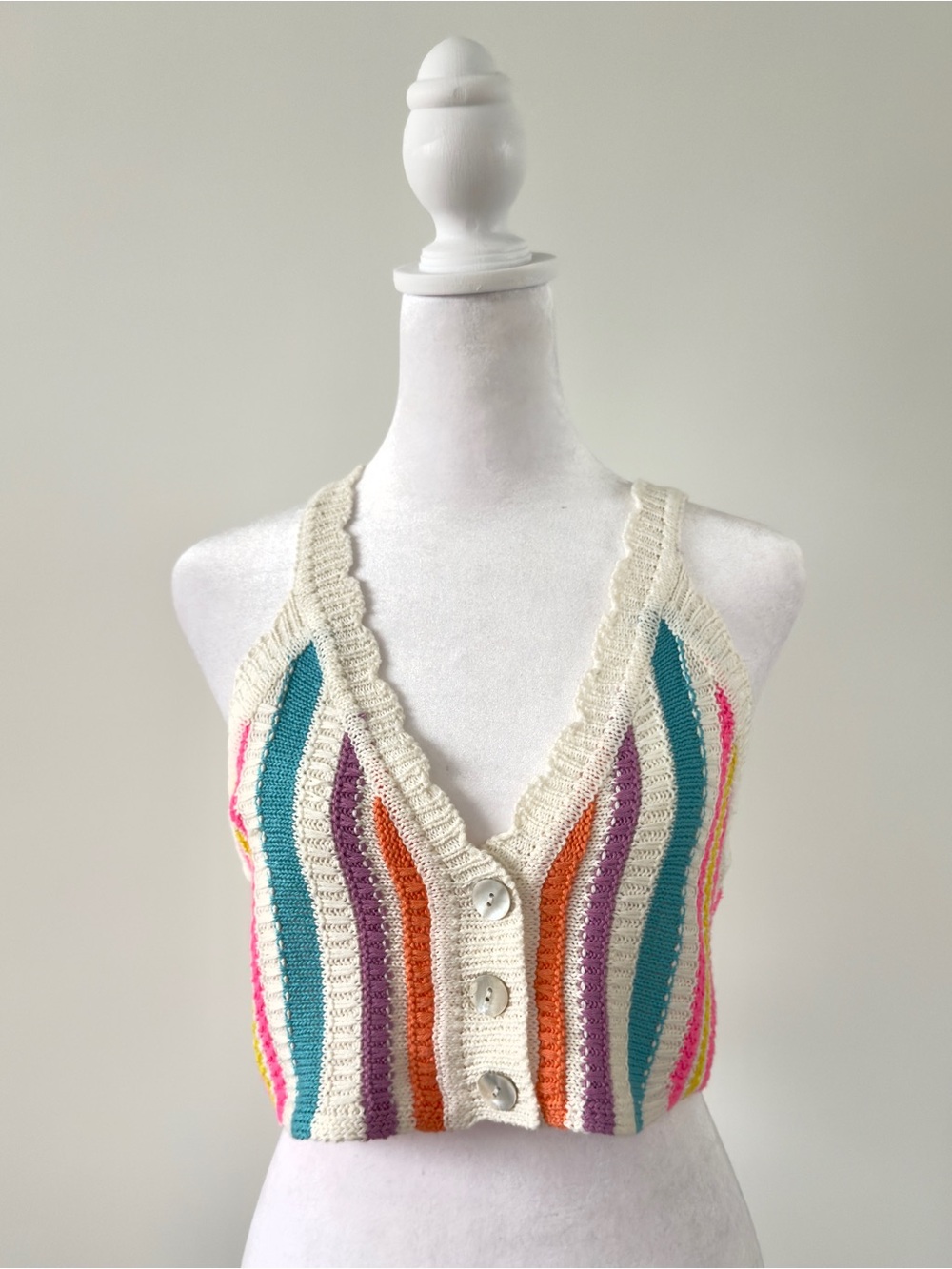 NWT Jolie & Joy Colorful Striped Crochet Knit Button-Front Crop Top